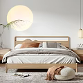 Minimalist Bedroom Interior Design With Wooden Bed Circular Moon Art Nightstands And Rug