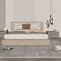 Modern Double Bed In Minimalist Bedroom With Striped Wall Bedside Tables And Pendant Lights