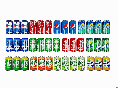 Colorful Beverage Cans With Various Brands And Flavors Of Carbonated Drinks 3d model