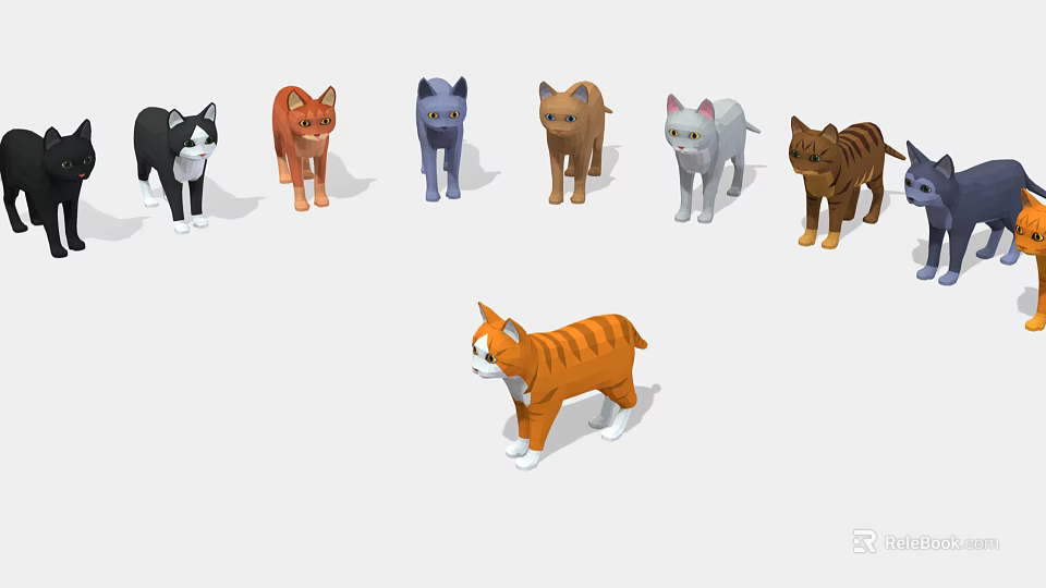 Multiple Colorful Cartoon Cat Models With One Orange in Front and Others Arranged Behind 3d model 