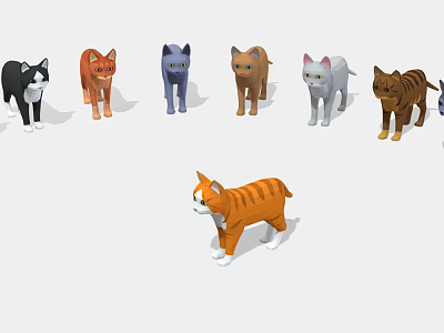 Multiple Colorful Cartoon Cat Models With One Orange in Front and Others Arranged Behind 3d model