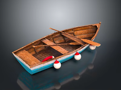 Vintage Wooden Boat Interior With Oars Blue Hull And Red White Buoys 3d model