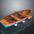 Vintage Wooden Boat Interior With Oars Blue Hull And Red White Buoys