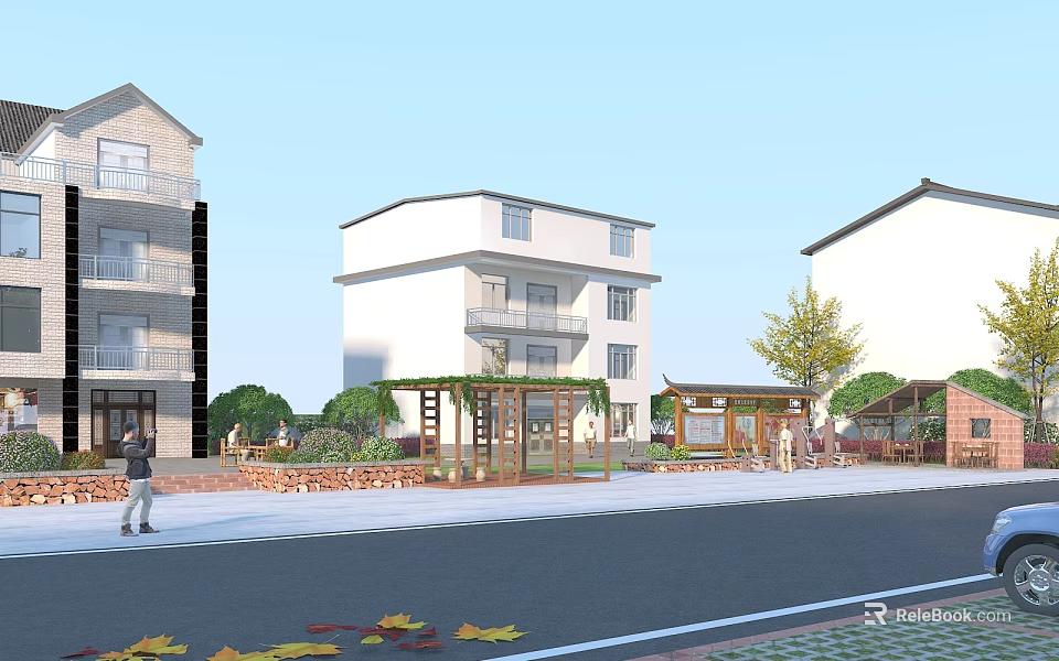 Rural Landscape Featuring Multi Story Houses Balconies Pavilion Greenery Pedestrians And Fallen Leaves 3d model 