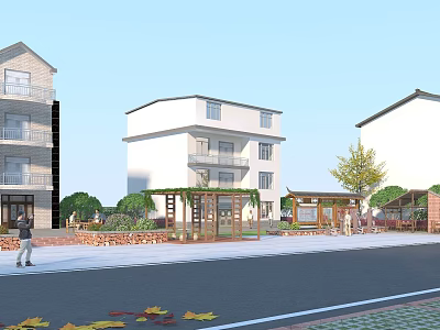 Rural Landscape Featuring Multi Story Houses Balconies Pavilion Greenery Pedestrians And Fallen Leaves 3d model
