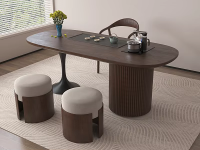 Modern Minimalist Dark Brown Tea Table and Stools With Tea Set and Yellow Flowers 3d model