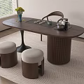 Modern Minimalist Dark Brown Tea Table and Stools With Tea Set and Yellow Flowers