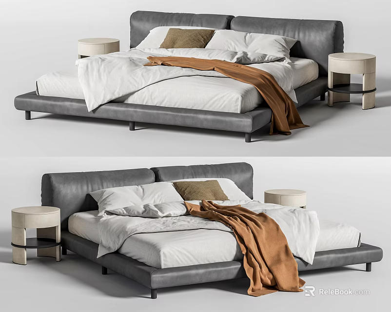 Contemporary Leather Double Bed With White Bedding Brown Throw And Nightstands 3d model