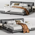 Contemporary Leather Double Bed With White Bedding Brown Throw And Nightstands 3d model