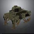 Old Rusty Green Mechanical Tank Character With Four Legs And Tracks Structure Design 3d model
