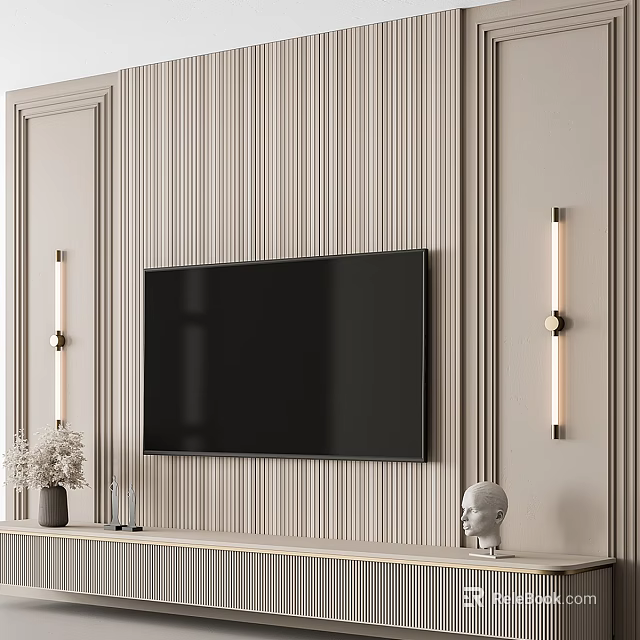Modern Striped TV Wall Design with Brass Wall Sconces and Decorative Console Items 3d model 