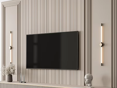 Modern Striped TV Wall Design with Brass Wall Sconces and Decorative Console Items 3d model