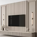 Modern Striped TV Wall Design with Brass Wall Sconces and Decorative Console Items