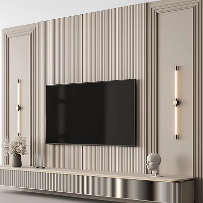 Modern Striped TV Wall Design with Brass Wall Sconces and Decorative Console Items 3d model
