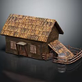 Residential Cottage with Wooden Structure Tile Roof Door Windows Side Ramp Railing and Wooden Barrel