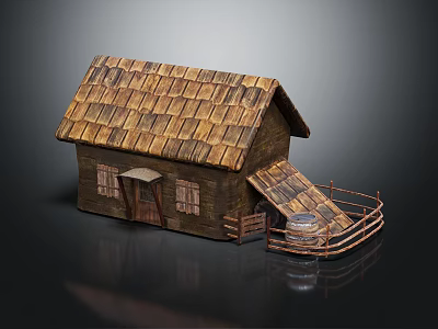 Residential Cottage with Wooden Structure Tile Roof Door Windows Side Ramp Railing and Wooden Barrel 3d model
