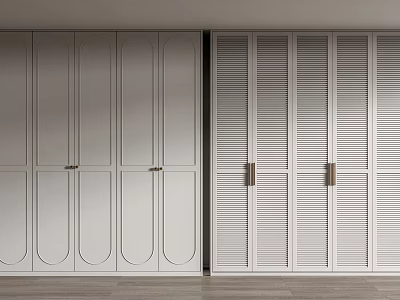 Modern White Wardrobe Design With Arched Panel And Louvered Doors Featuring Golden Handles 3d model