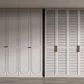 Modern White Wardrobe Design With Arched Panel And Louvered Doors Featuring Golden Handles