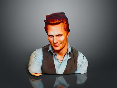 Red Haired Man Bust Sculpture Wearing Light Blue Shirt Dark Vest On Gray Reflective Surface 3d model