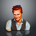 Red Haired Man Bust Sculpture Wearing Light Blue Shirt Dark Vest On Gray Reflective Surface