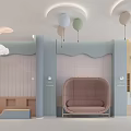 Bright Spacious Kindergarten Hall With Cloud Shaped Chandeliers Balloon Decorations Bookshelves Small Sofas Plants And Soft Colored Walls
