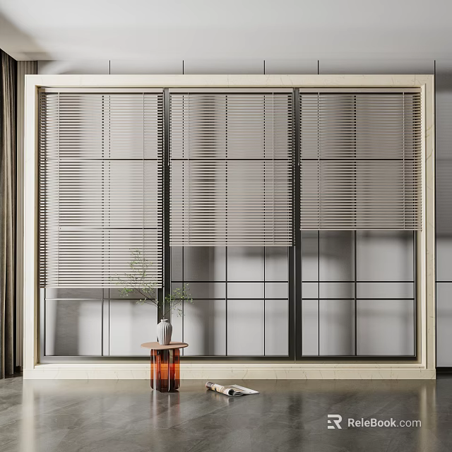 Floor to Ceiling Windows with Blinds Modern Interior Decorative Small Table Vase Green Plant 3d model 