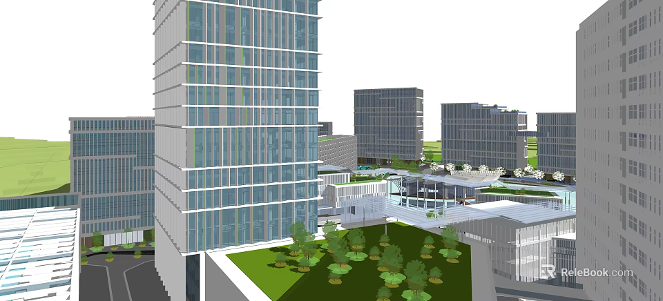 Modern Office Building With Glass Facade And Green Landscaping In Urban Area 3d model 