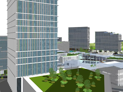Modern Office Building With Glass Facade And Green Landscaping In Urban Area 3d model