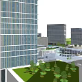 Modern Office Building With Glass Facade And Green Landscaping In Urban Area