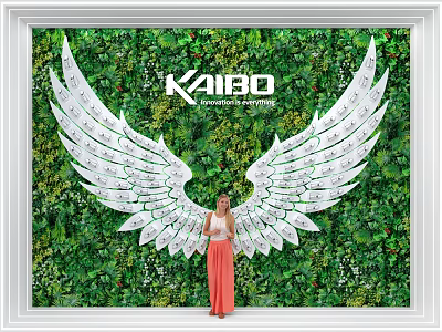 White Wing Art Installation with Green Plant Wall and KAIBO Experience System 3d model