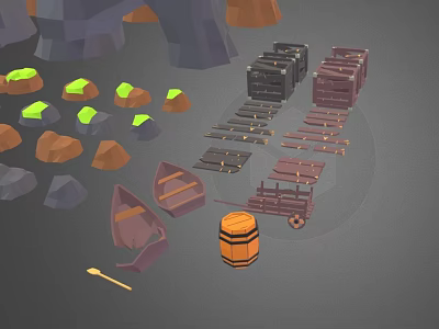 Creative Building Blocks Set With Rocks Small Boats Wooden Barrel Planks And Cart 3d model