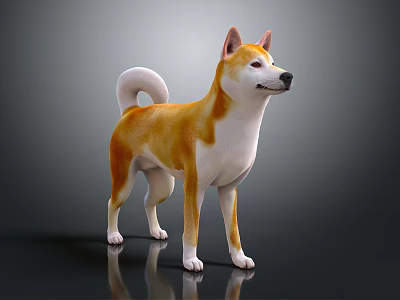 Orange and white Shiba Inu standing on reflective black surface with gray gradient background 3d model