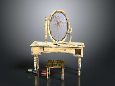Vintage Distressed Wood Dressing Table With Mirror Drawer And Checkered Stool 3d model