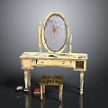 Vintage Distressed Wood Dressing Table With Mirror Drawer And Checkered Stool