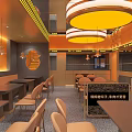 Warm Toned Cafe Interior With Dark Tables Beige Chairs Yellow Pendant Lights And Terrazzo Floor