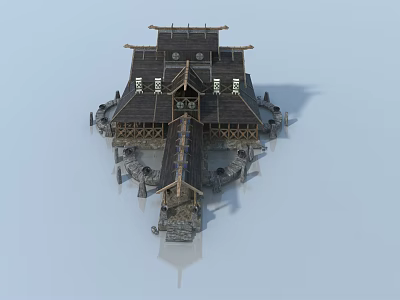 Traditional Asian Architectural Structure Featuring Multi layered Wooden Roof Eaves And Stone Base 3d model