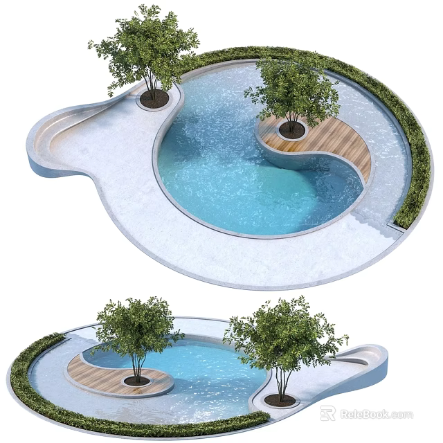 Circular Water Feature Structure With Wooden Platform Green Plants And Trees 3d model 