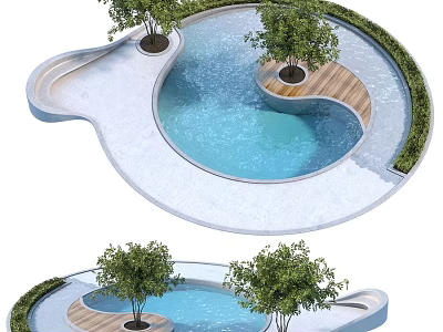 Circular Water Feature Structure With Wooden Platform Green Plants And Trees 3d model