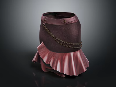 Dark Colored Velvet Skirt With Pink Ruffle Hem Chain Detail And Metal Buckle 3d model