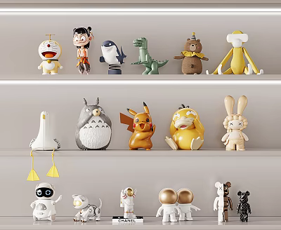 Collection Of Various Cute Cartoon Character Dolls Displayed On Shelves 3d model