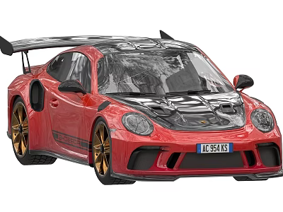 Red Sports Car With Black Rear Spoiler Golden Wheels And Black Hood Design 3d model