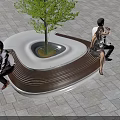 Circular Design Outdoor Chair With Wooden Brown Seats White Frame And Central Tree For Public Park Relaxation