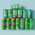 Multiple Tsingtao Beer Cans Stacked in Pyramid Formation on Light Blue Background