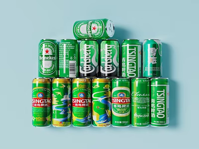 Multiple Tsingtao Beer Cans Stacked in Pyramid Formation on Light Blue Background 3d model