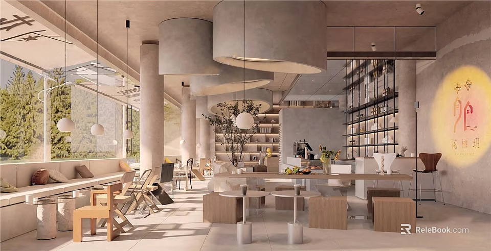 Modern Open Cafe Interior Design With Large Windows Pendant Lights Wooden Tables And Chairs 3d model 