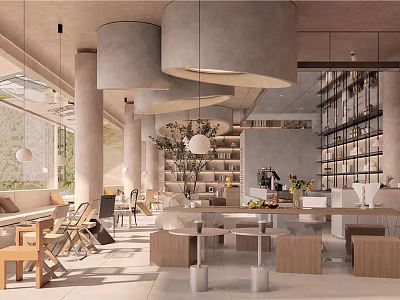 Modern Open Cafe Interior Design With Large Windows Pendant Lights Wooden Tables And Chairs 3d model