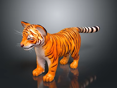 Stuffed Tiger Plush Toy With Orange Black Stripes Standing On Dark Reflective Surface 3d model