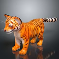 Stuffed Tiger Plush Toy With Orange Black Stripes Standing On Dark Reflective Surface