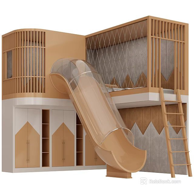 Kids Wooden Bunk Bed With Slide Ladder And Storage Cabinets In Playroom 3d model 