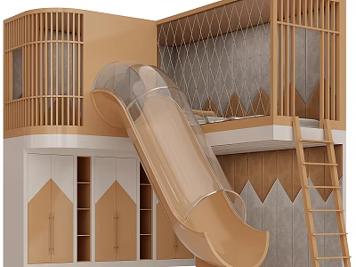 Kids Wooden Bunk Bed With Slide Ladder And Storage Cabinets In Playroom 3d model